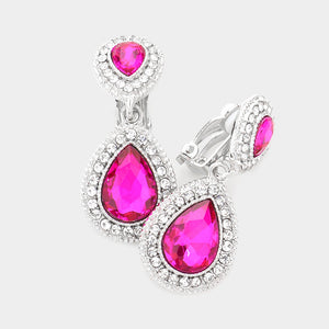 Little Girls Double Fuchsia Crystal Teardrop Clip On Pageant Earrings