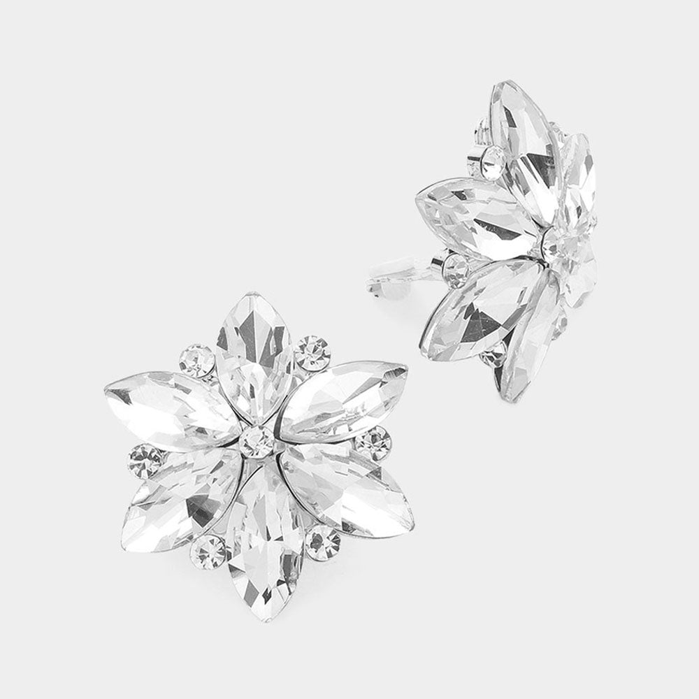 Clear Marquise Stone Cluster Flower Clip On Pageant Earrings   | Interview Clip On Earrings