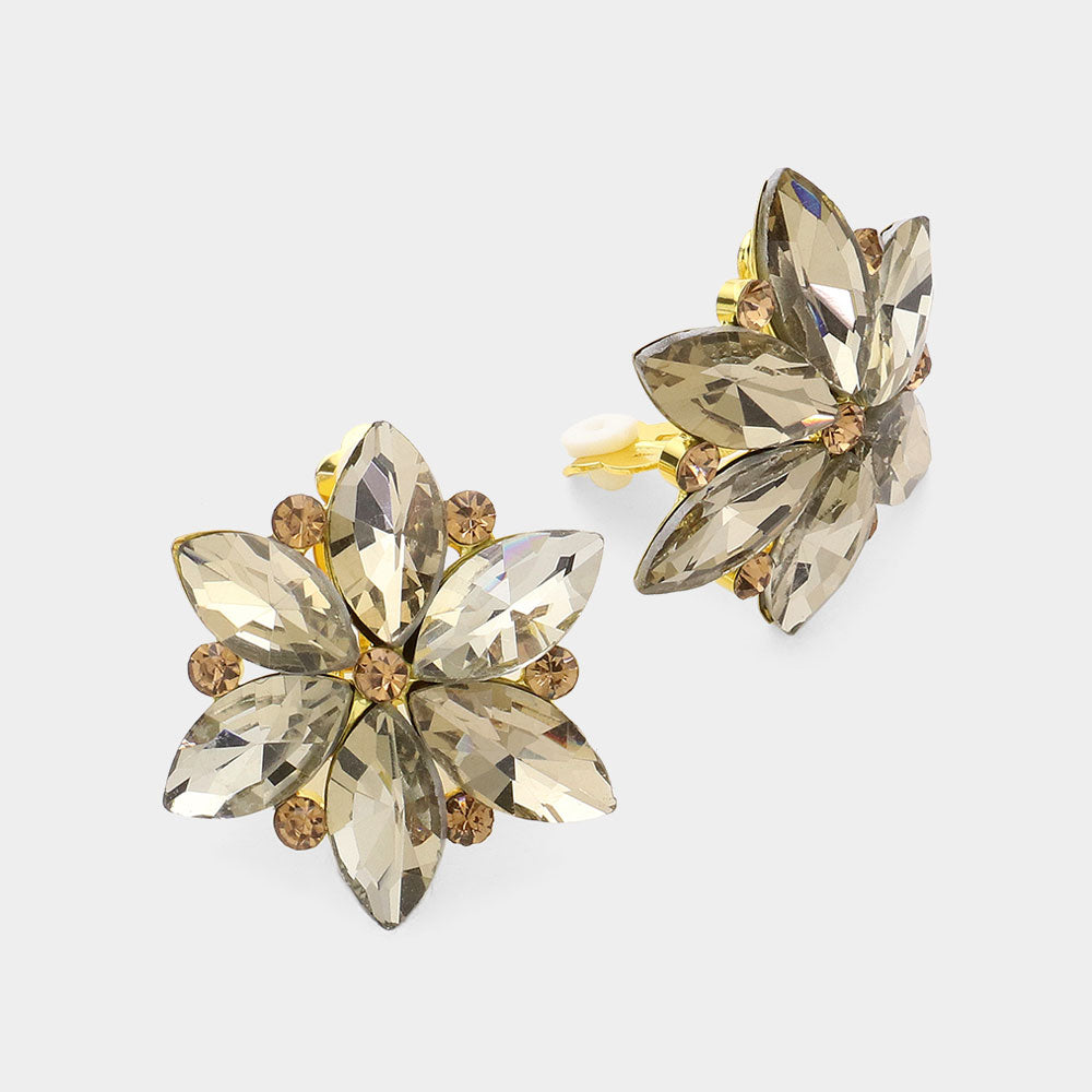 Topaz Marquise Stone Cluster Flower Clip On Pageant Earrings   | Interview Clip On Earrings