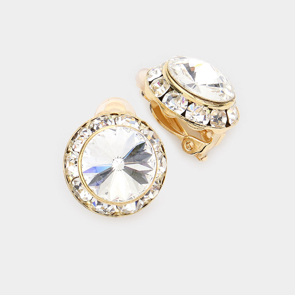 Little Girls Clear Austrian Crystal Clip On Stud Earrings on Gold