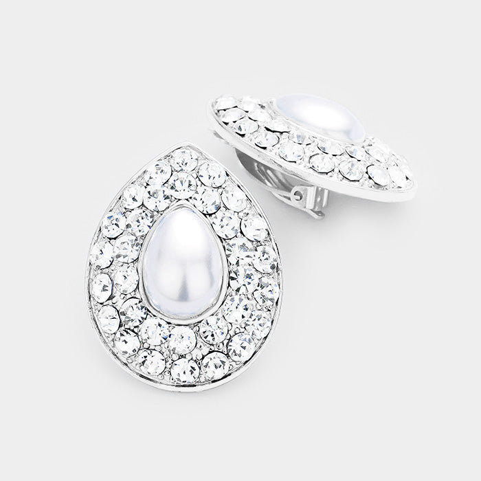 Rhinestones and White Pearl Teardrop Clip On Earrings | Clip On Bridal Earrings