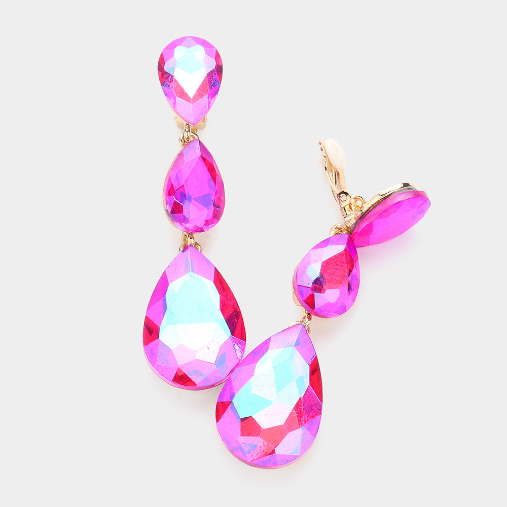 Fuchsia AB Crystal Triple Teardrop Clip-on Pageant Earrings  | Hot Pink Earrings