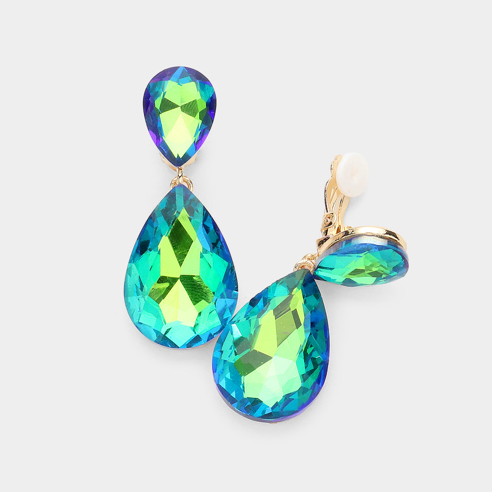 Green AB Crystal Double Teardrop Clip on Dangle Earrings  | Pageant Earrings