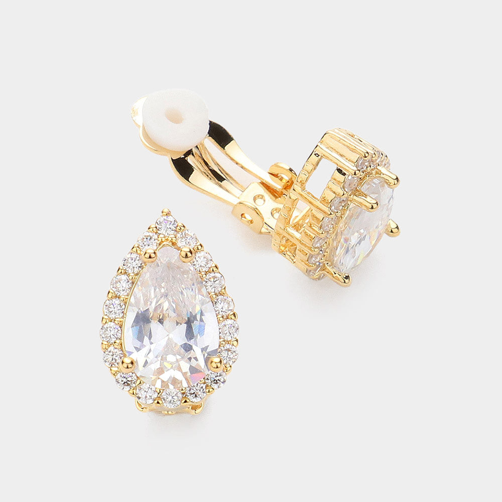 CZ Teardrop Clip On Stud Earrings on Gold | Interview Earrings