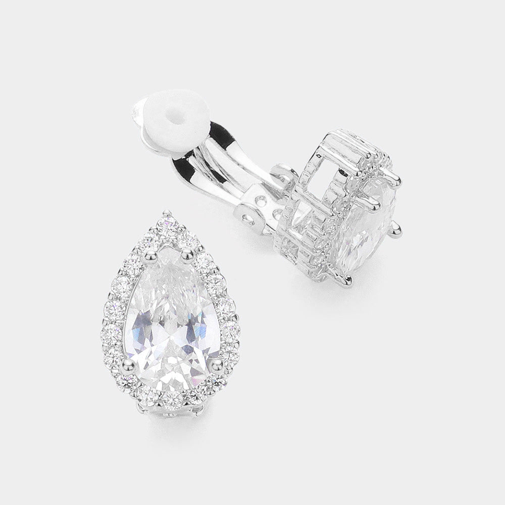 CZ Teardrop Clip On Stud Earrings  | Interview Earrings