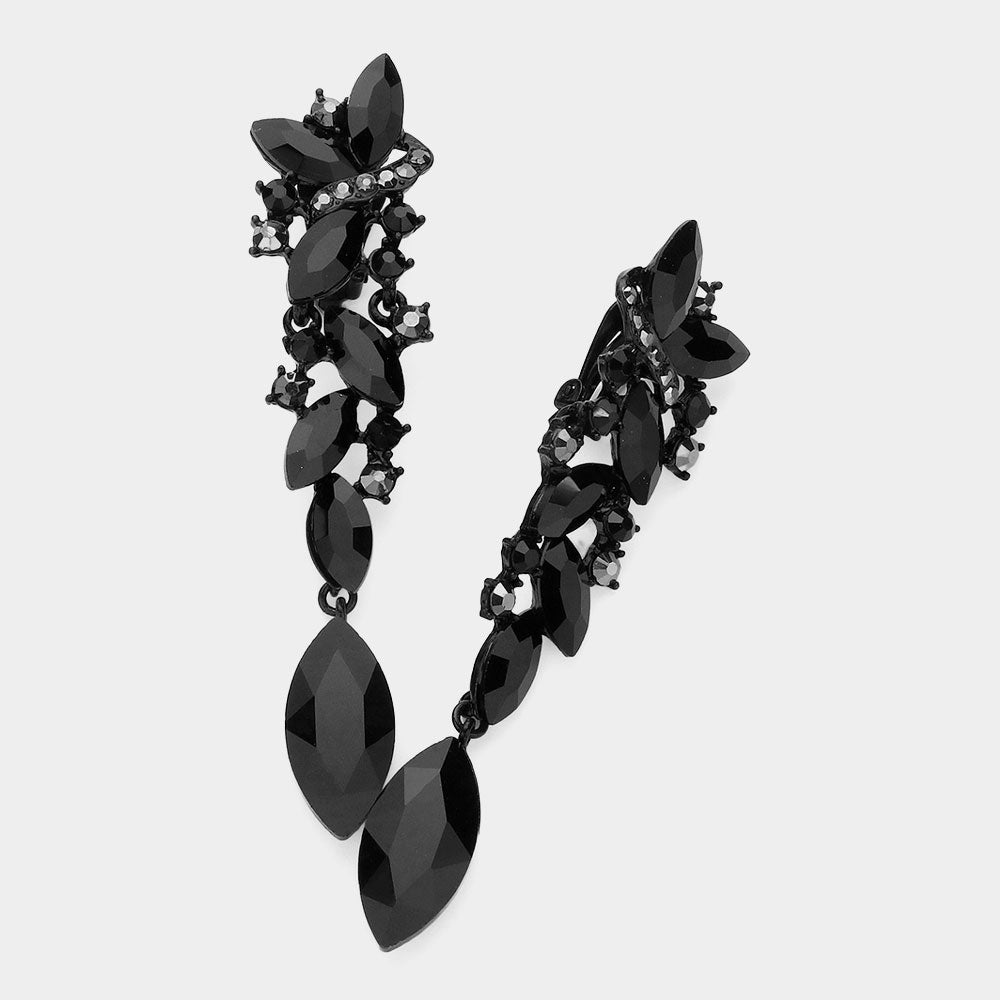 Black Marquise Crystal Drop Pageant Clip On Earrings