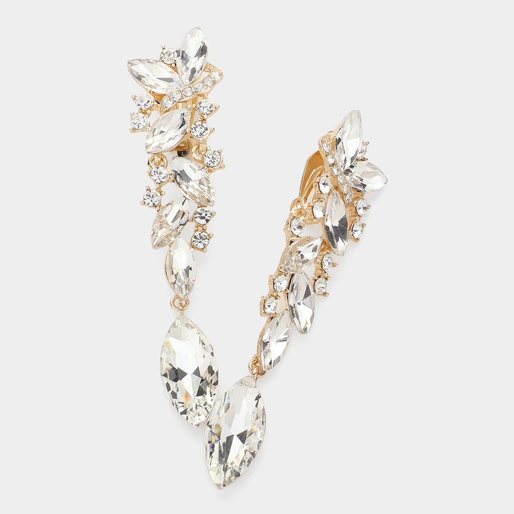 Clear Marquise Crystal Drop Pageant Clip On Earrings on Gold