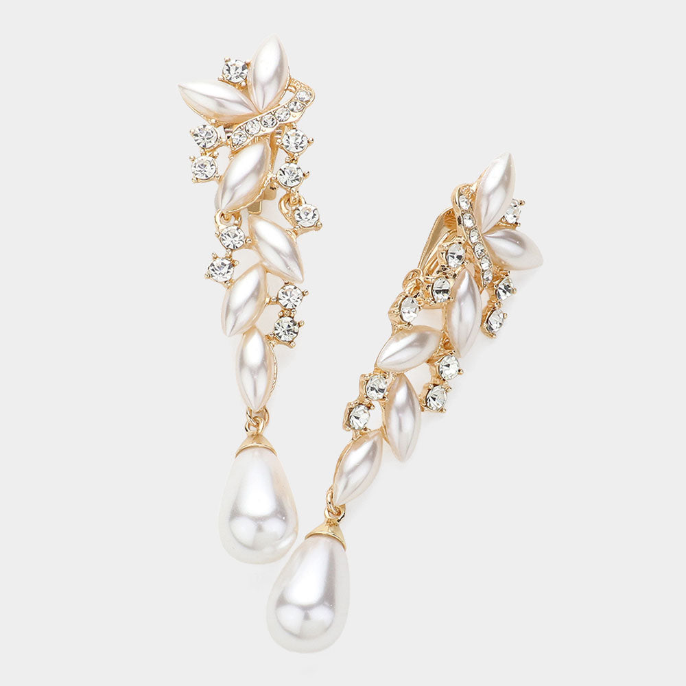 Cream Pearl and Marquise Drop Pageant Clip on Earrings on Gold