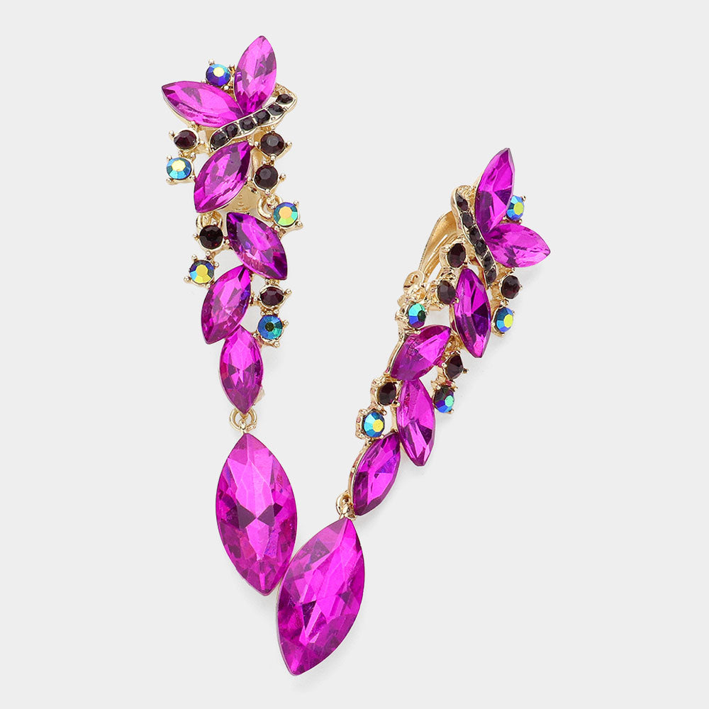 Purple Marquise Crystal Drop Pageant Clip on Earrings on Gold