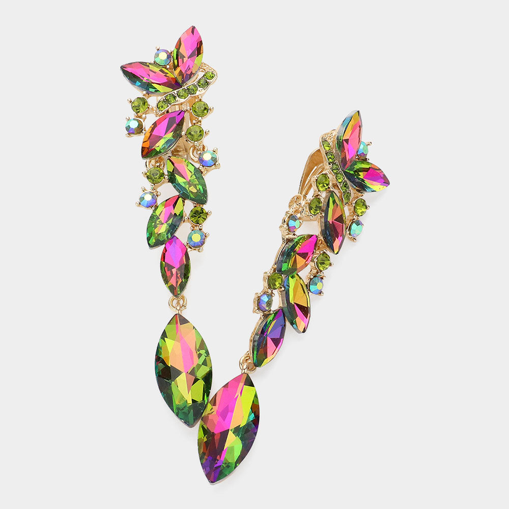 Multi-Color Marquise Crystal Drop Pageant Clip On Earrings