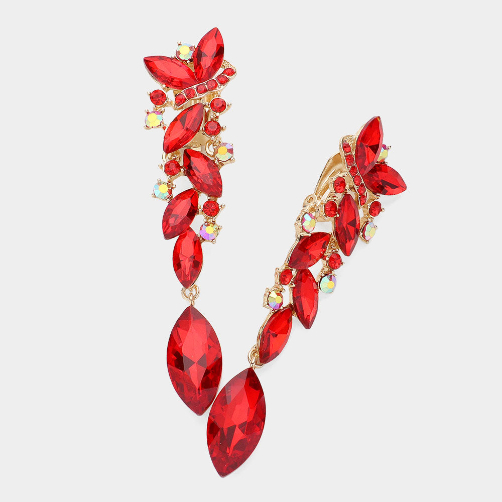 Red Marquise Crystal Drop Pageant Clip On Earrings on Gold