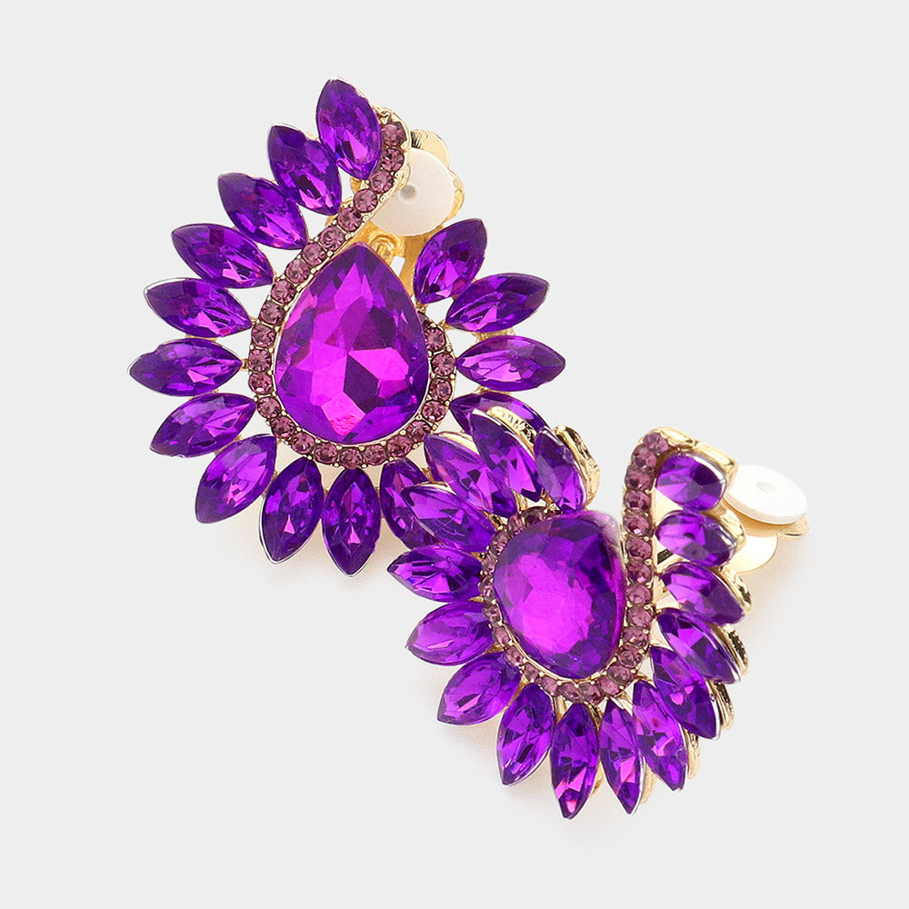 Purple Marquise and Round Stone on Gold Clip On Earrings