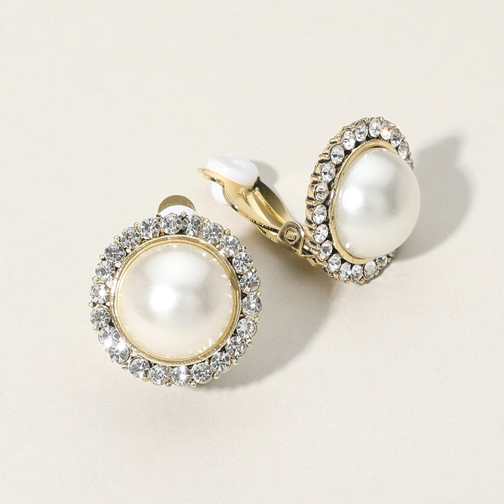 Cream Pearl Surrounded by Clear Crystal Stones Clip On Pageant Earrings on Gold | Pearl Clip On Earrings