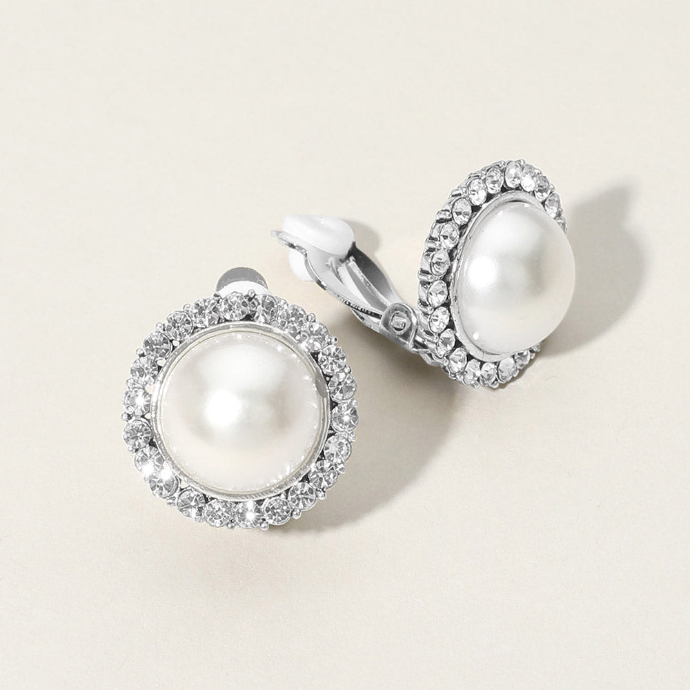 White Pearl Surrounded by Clear Crystal Stones Clip On Pageant Earrings on Silver | Pearl Clip On Earrings