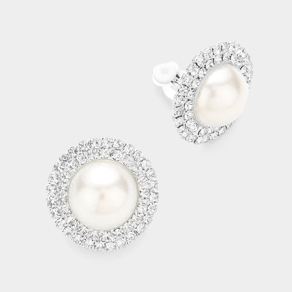 Rhinestone Trimmed White Pearl Clip On Bridal Earrings | Clip On Wedding Earrings