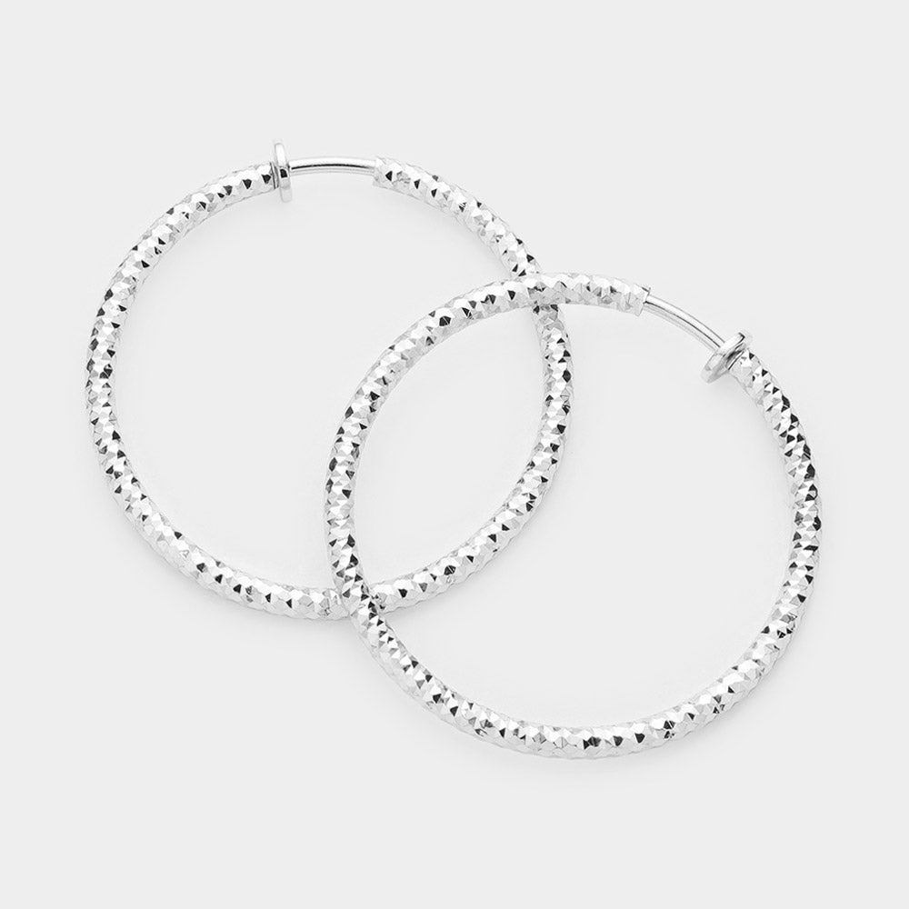 Silver Textured Clip On Hoop Earrings | 1.75"