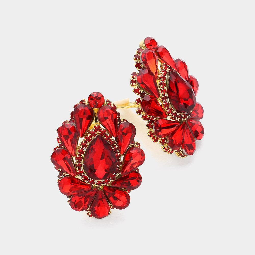 Red Crystal Cluster Teardrop Clip on Earrings