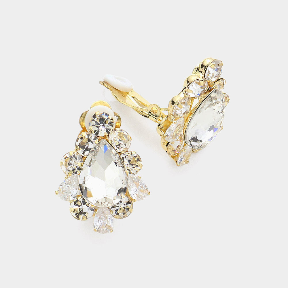 Clear Teardrop Stone Surrounded by Crystal Bubble Stone Clip On Earrings on Gold | Interview Earrings