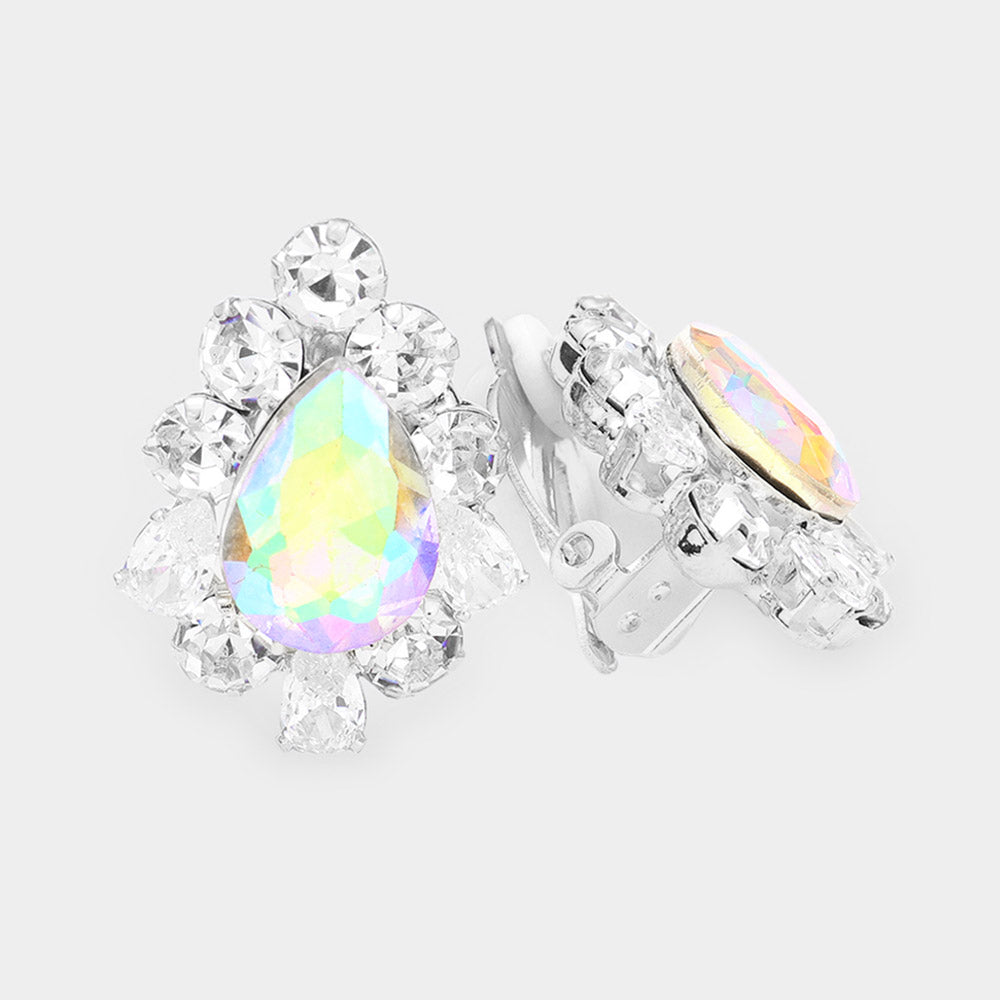 AB Teardrop Stone Surrounded by Crystal Bubble Stone Clip On Earrings  | Interview Earrings