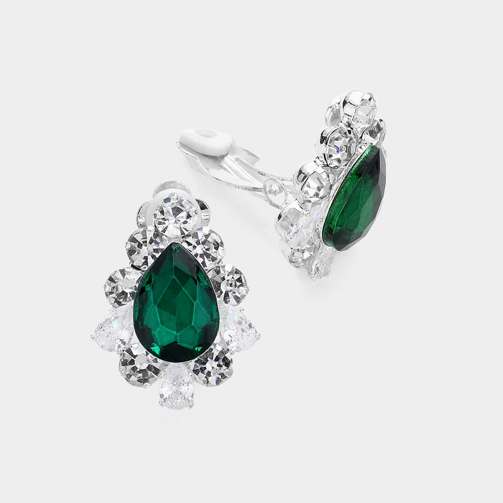 Emerald Teardrop Stone Surrounded by Crystal Bubble Stone Clip On Earrings  | Interview Earrings