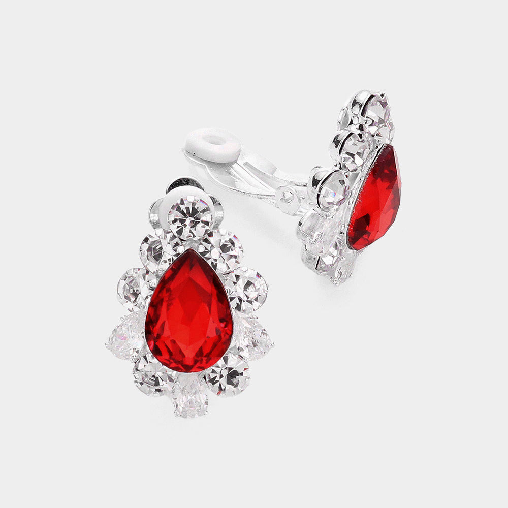 Red Teardrop Stone Surrounded by Crystal Bubble Stone Clip On Earrings | Interview Earrings