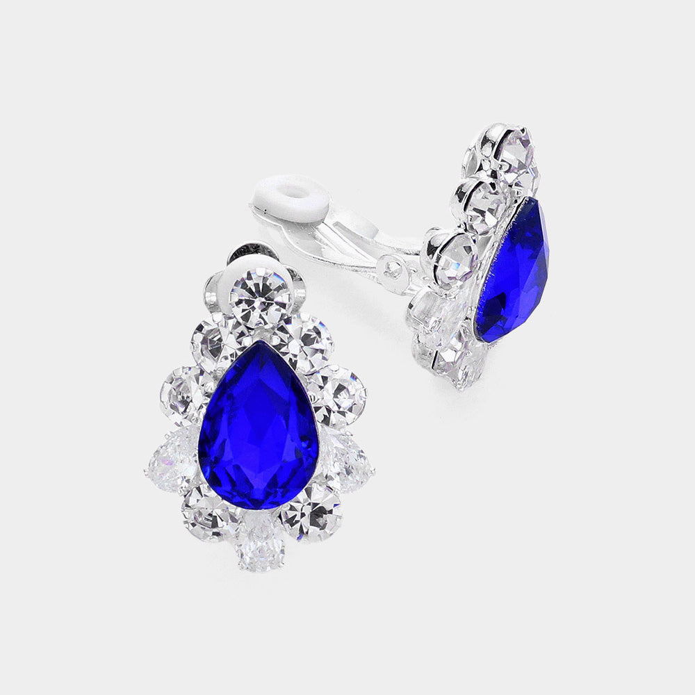 Sapphire Teardrop Stone Surrounded by Crystal Bubble Stone Clip On Earrings  | Interview Earrings