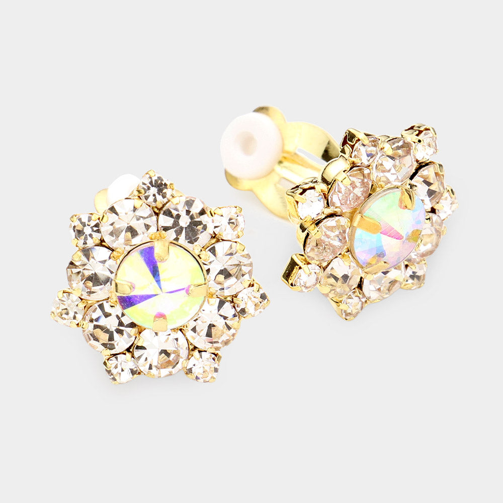 AB Crystal Bubble Stone Clip On Pageant Earrings on Gold | AB Clip On Interview Earrings on Gold