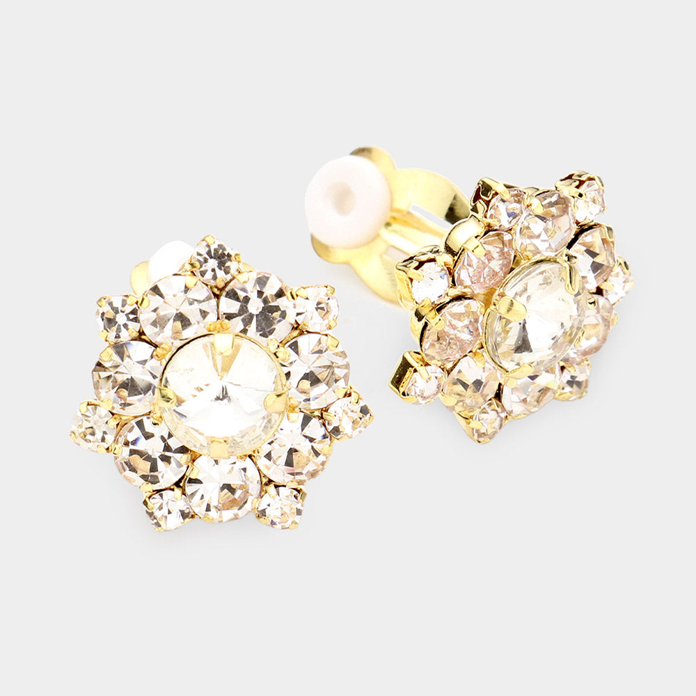 Clear Crystal Bubble Stone Clip On Pageant Earrings on Gold | Clear Clip On Interview Earrings on Gold 