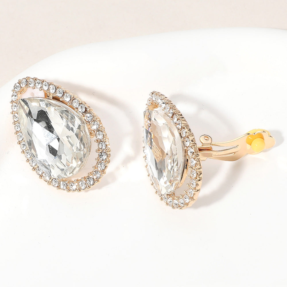 Clear Teardrop Stone with Clear Rhinestone Trim Clip On Pageant Earrings on Gold