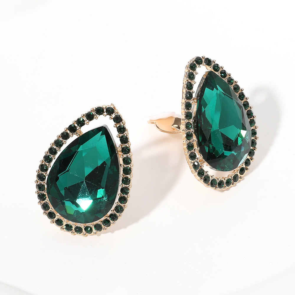 Emerald Teardrop Stone with Emerald Rhinestone Trim Clip On Pageant Earrings on Gold