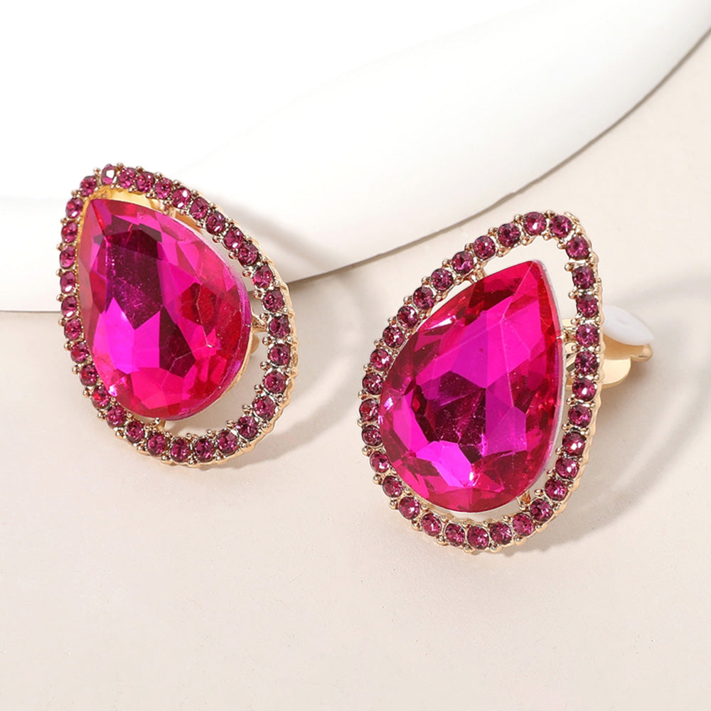 Fuchsia Teardrop Stone with Fuchsia Rhinestone Trim Clip On Pageant Earrings on Gold