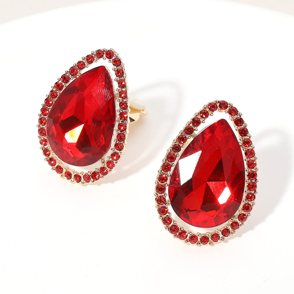  Red Teardrop Stone with Red Rhinestone Trim Clip On Pageant Earrings