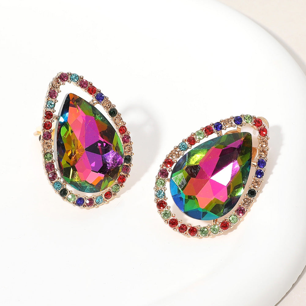 Multi-Color Teardrop Stone with Multi-Color Rhinestone Trim Clip On Pageant Earrings on Gold