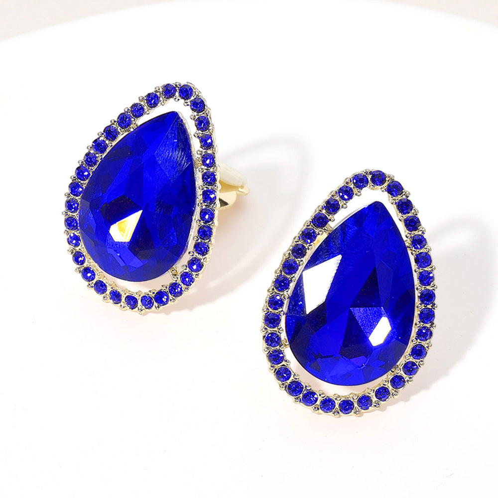 Sapphire Teardrop Stone with Sapphire Rhinestone Trim Clip On Pageant Earrings on Gold