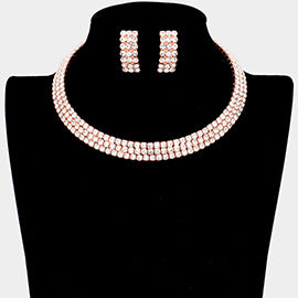 Three Row Clear Diamond Crystal Choker and Earrings on Rose Gold