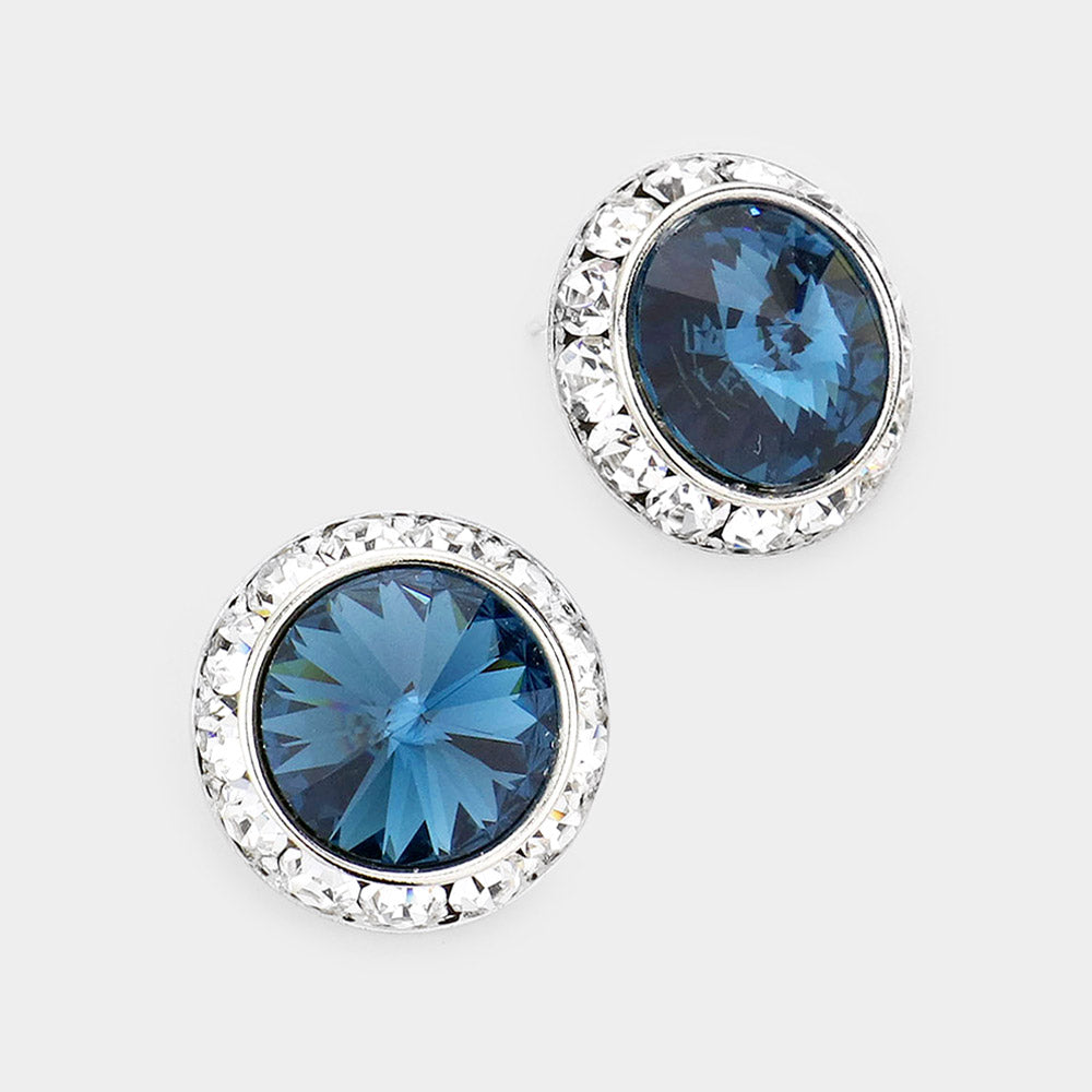 Austrian Navy Crystal Round Stud Earrings | 3/4"