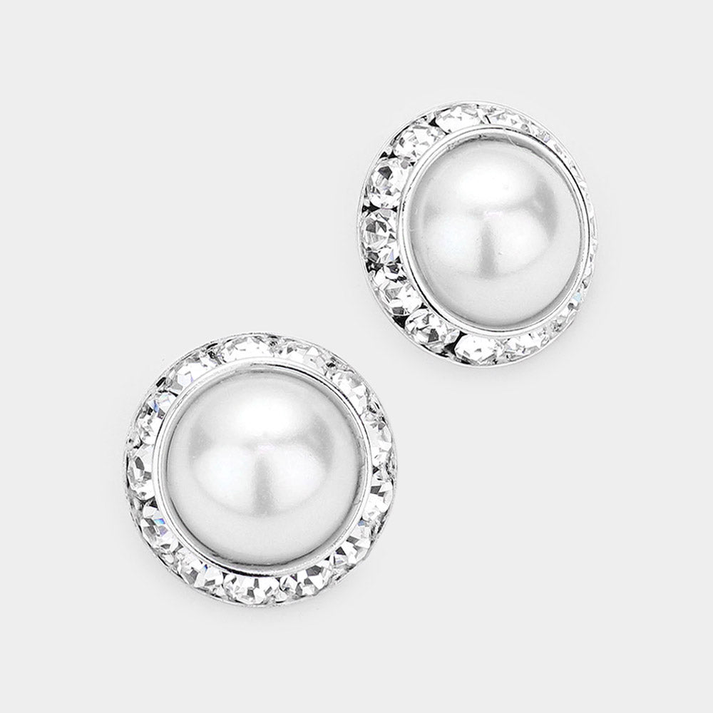 Crystal White Pearl Round Stud Earrings | 3/4"