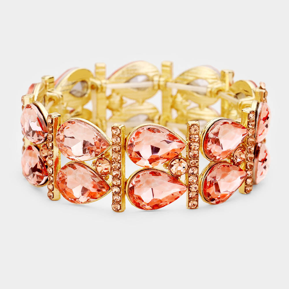 Peach Crystal Teardrop Stretch Pageant Bracelet