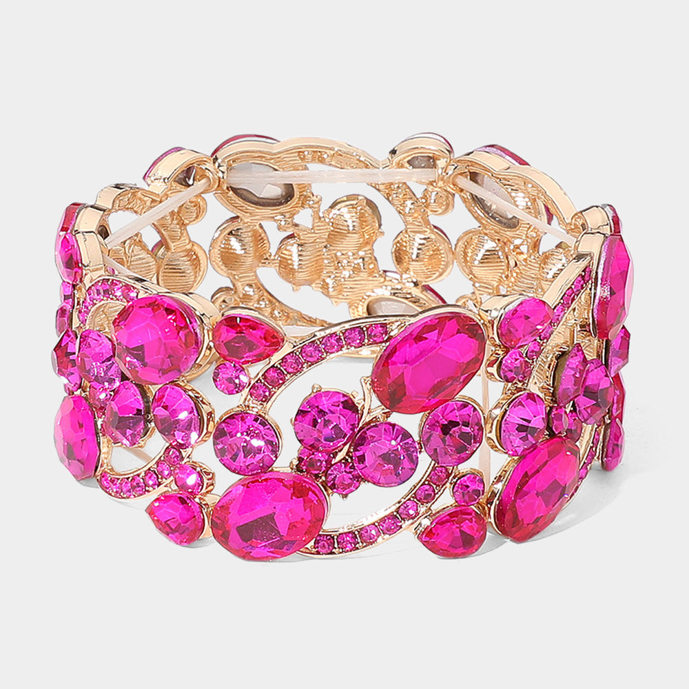 Fuchsia Crystal Butterfly Stretch Bracelet on Gold