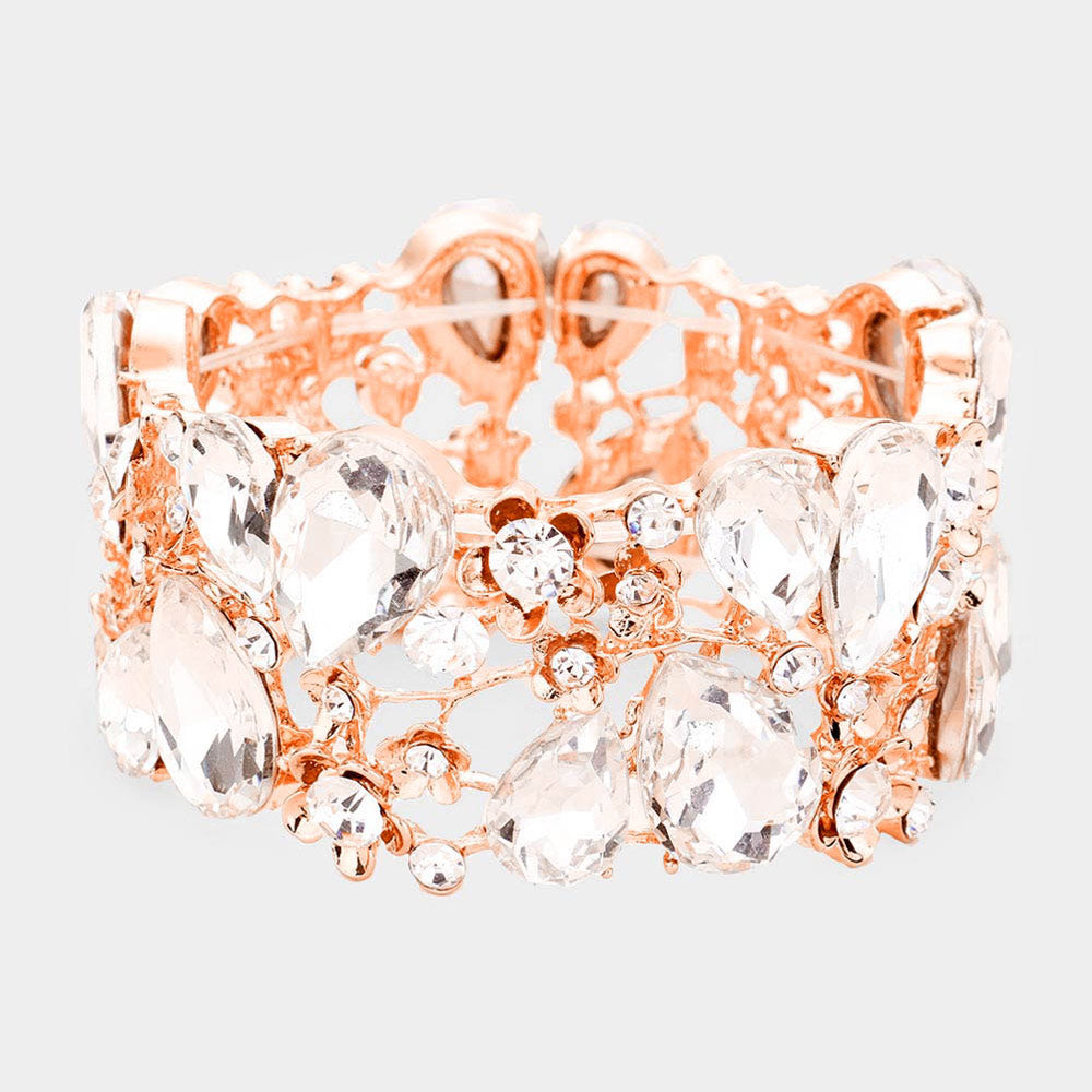 Clear Crystal Teardrop Floral Stretch Bracelet on Rose Gold