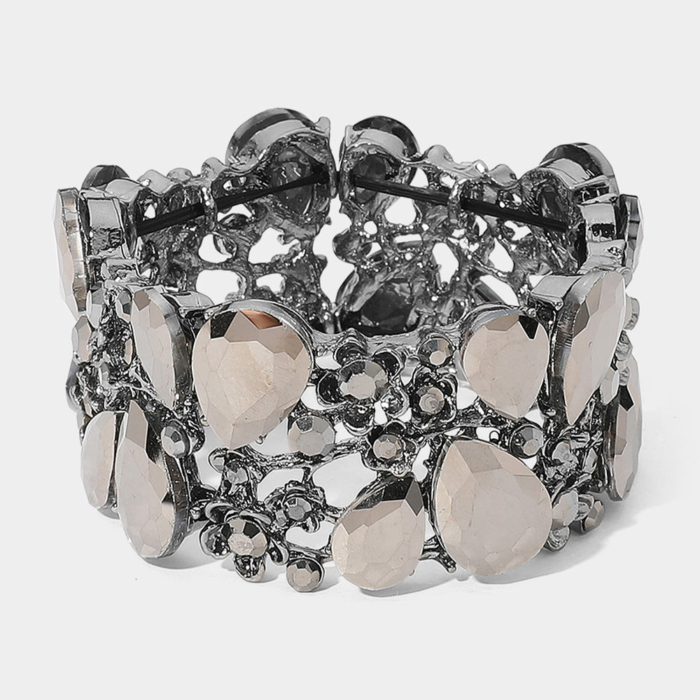 Gray Crystal Teardrop Floral Stretch Bracelet