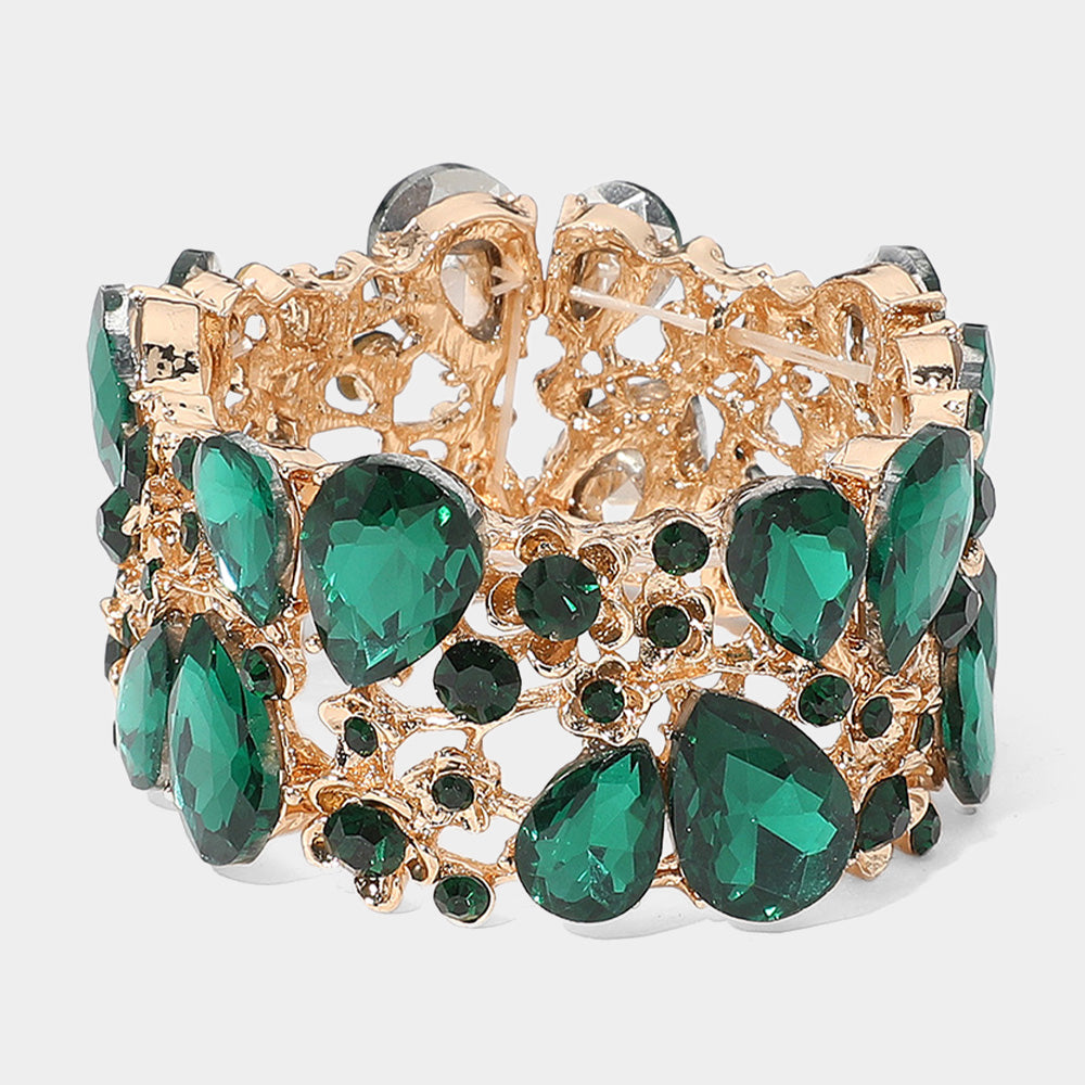 Green Crystal Teardrop Floral Stretch Bracelet on Gold