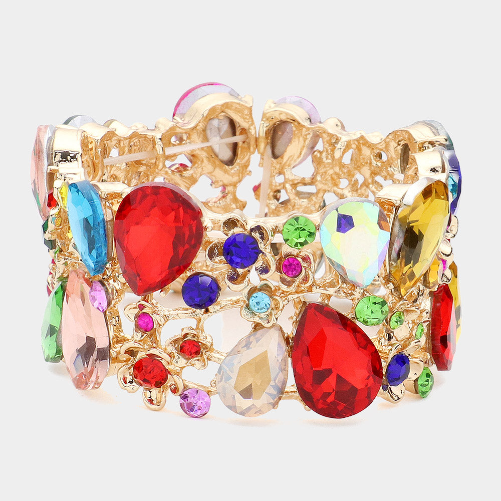 Multi-Color Crystal Teardrop Floral Stretch Bracelet   |  624252