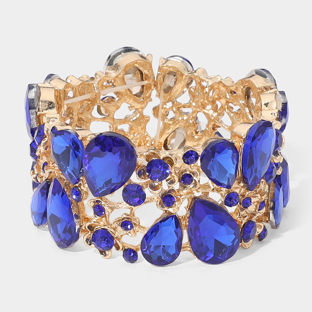 Sapphire Crystal Teardrop Floral Stretch Bracelet on Gold