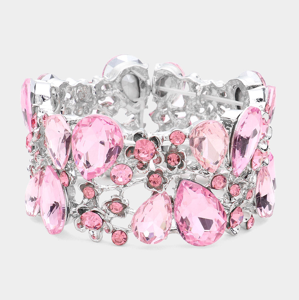 Pink Crystal Teardrop Floral Stretch Bracelet 