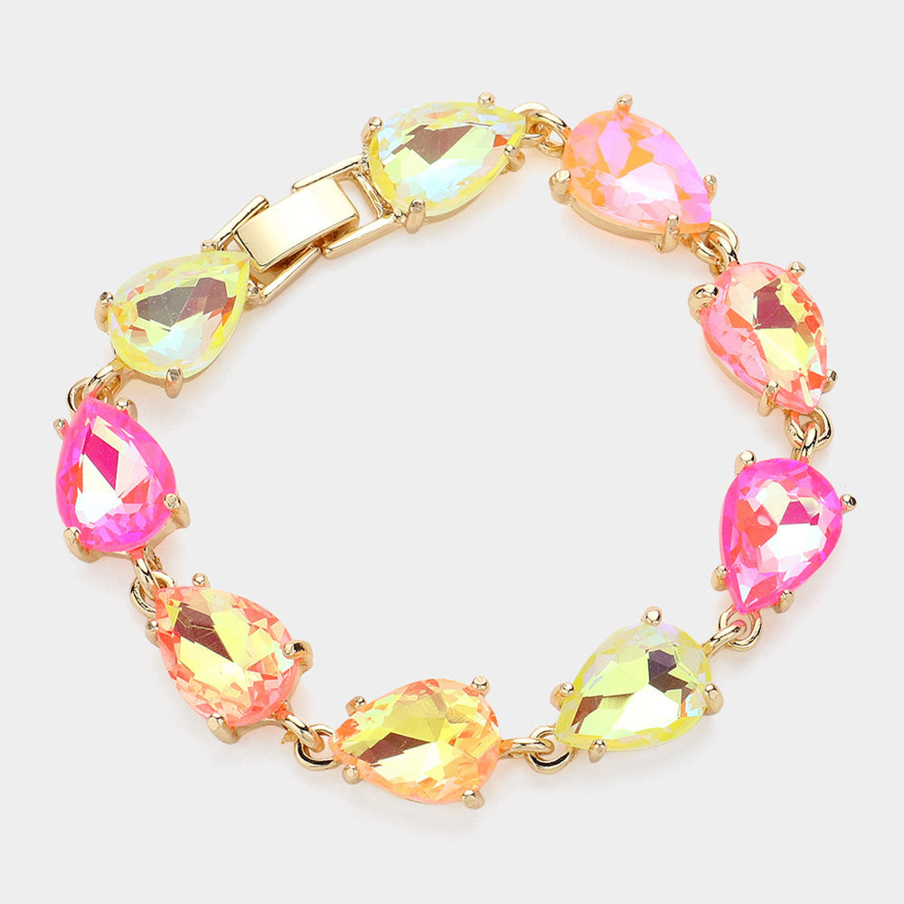 Neon Multi-Color AB Teardrop cluster Link Pageant Bracelet  | Homecoming Bracelet | Homecoming Jewelry