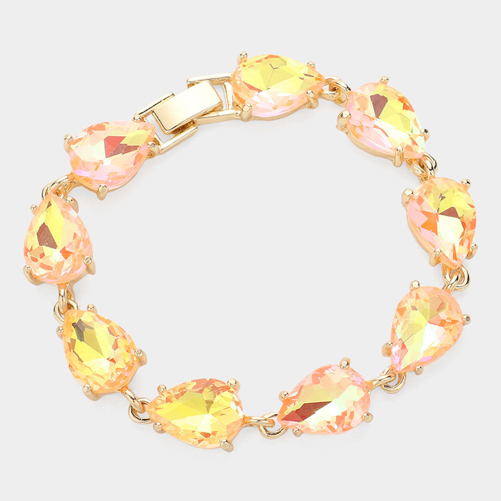 Neon Peach AB Teardrop cluster Link Pageant Bracelet  | Homecoming Bracelet | Homecoming Jewelry