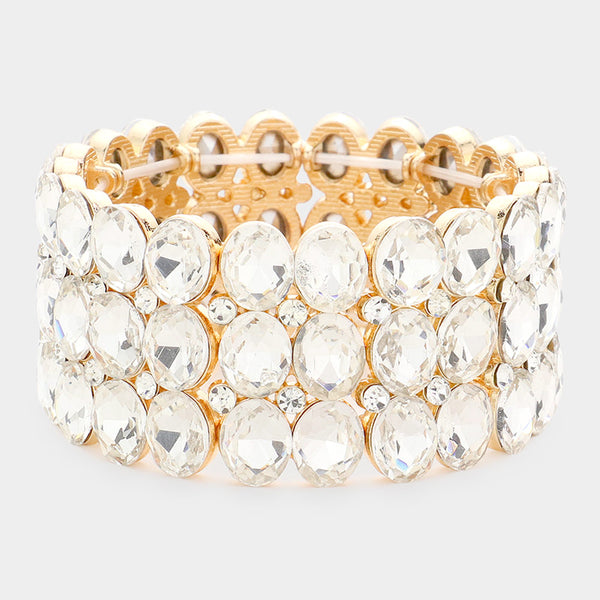 Wide Clear Three Row Crystal Oval Stone Stretch Bracelet on Gold | Big  Chunky Bracelet | 596232