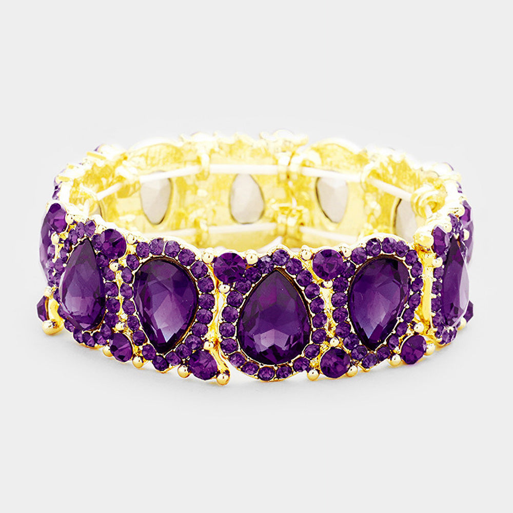 Slim Amethyst Crystal Pear and Rhinestone Stretch Bracelet on Gold | Pageant Jewelry