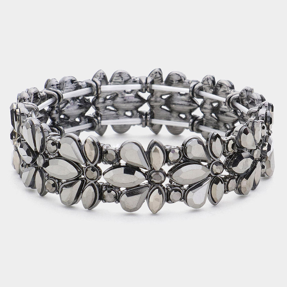 Hematite Crystal Flower Stretch Pageant Bracelet  | Prom Bracelet